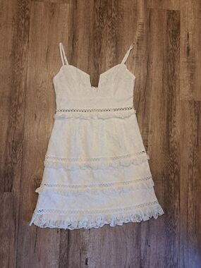 Selfie White Ruffle Lace Spaghetti Strap Mini Dress in Ivory